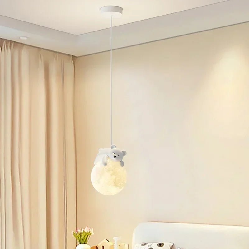 Children's room hanging lamp featuring adorable bear and rabbit design, providing child-safe cozy lighting for a playful and inviting atmosphere. 1