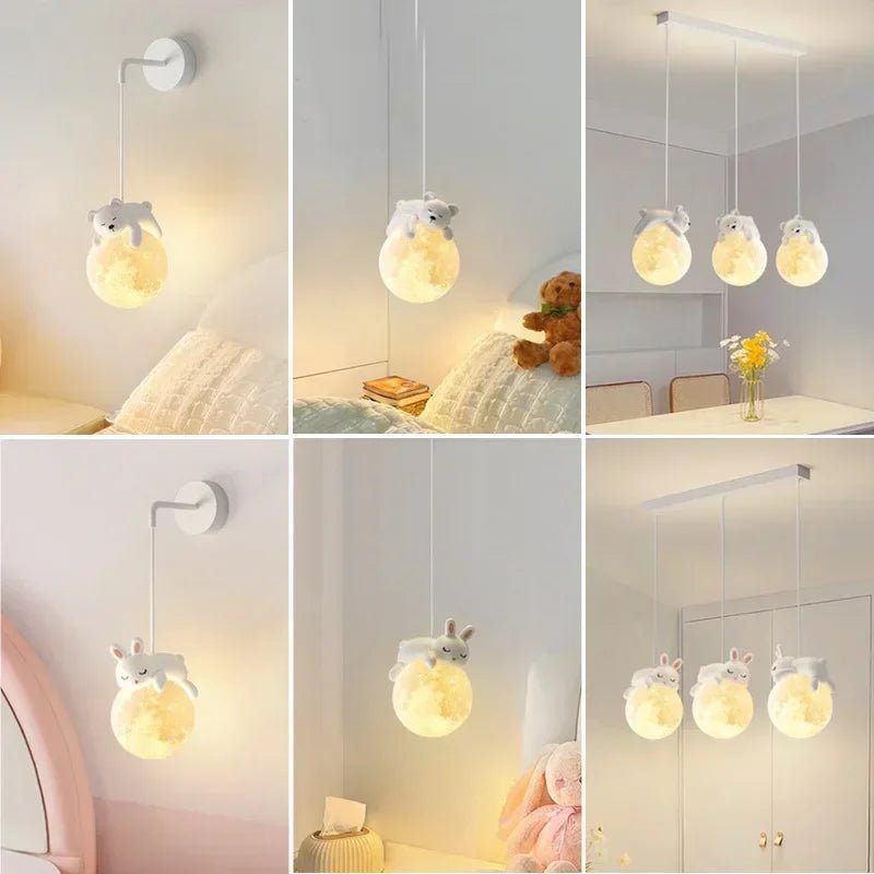 Children's room hanging lamp featuring adorable bear and rabbit design, providing child-safe cozy lighting for a playful and inviting atmosphere. 5
