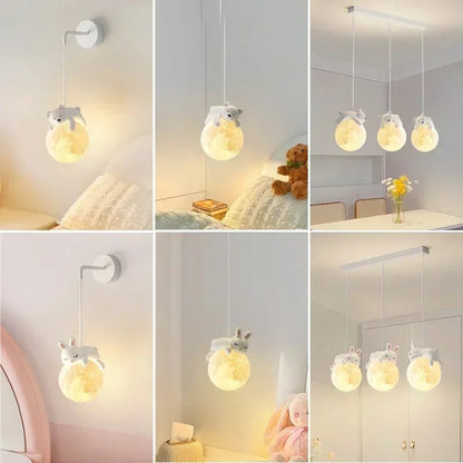 Children's room hanging lamp featuring adorable bear and rabbit design, providing child-safe cozy lighting for a playful and inviting atmosphere. 5