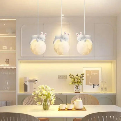 Children's room hanging lamp featuring adorable bear and rabbit design, providing child-safe cozy lighting for a playful and inviting atmosphere. 2