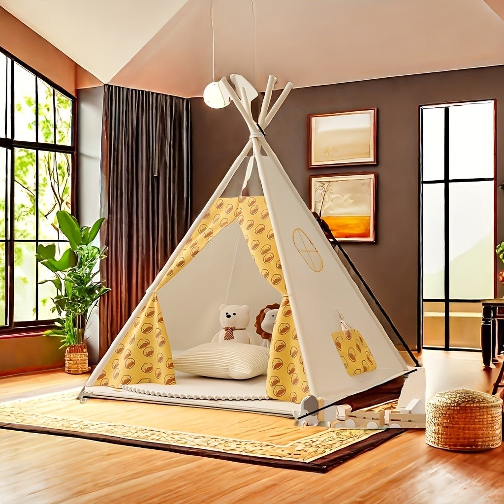 Children's Tipi Tent featuring adorable bear prints, made from soft fabric, perfect for indoor and outdoor play, supported by a sturdy wooden frame. 7