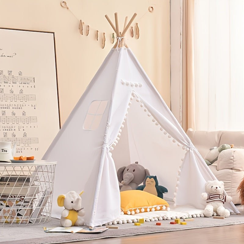 Children's Tipi Tent featuring adorable bear prints, made from soft fabric, perfect for indoor and outdoor play, supported by a sturdy wooden frame. 9