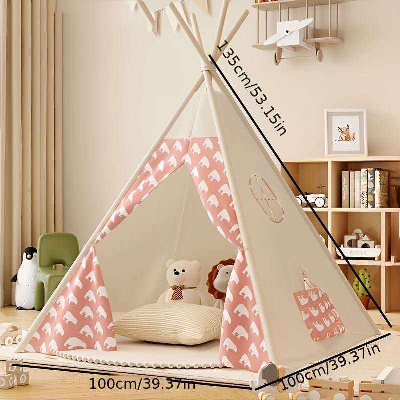 Children's Tipi Tent featuring adorable bear prints, made from soft fabric, perfect for indoor and outdoor play, supported by a sturdy wooden frame. 6