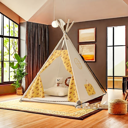 Children's Tipi Tent featuring adorable bear prints, made from soft fabric, perfect for indoor and outdoor play, supported by a sturdy wooden frame. 8