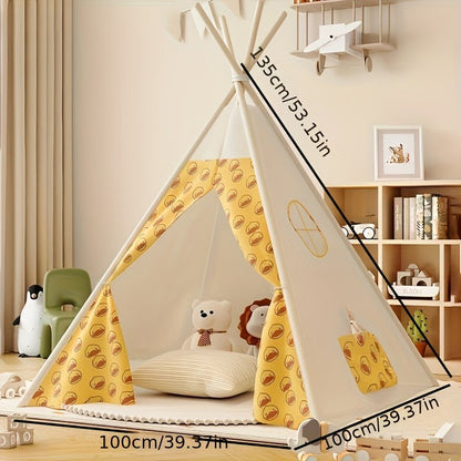 Children's Tipi Tent featuring adorable bear prints, made from soft fabric, perfect for indoor and outdoor play, supported by a sturdy wooden frame. 3