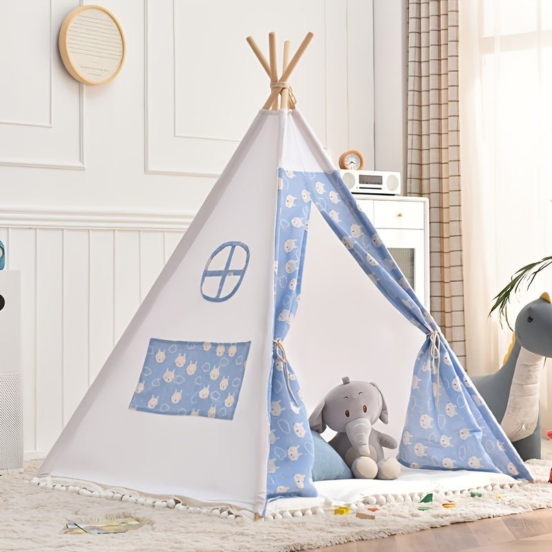 Children's Tipi Tent featuring adorable bear prints, made from soft fabric, perfect for indoor and outdoor play, supported by a sturdy wooden frame. 4