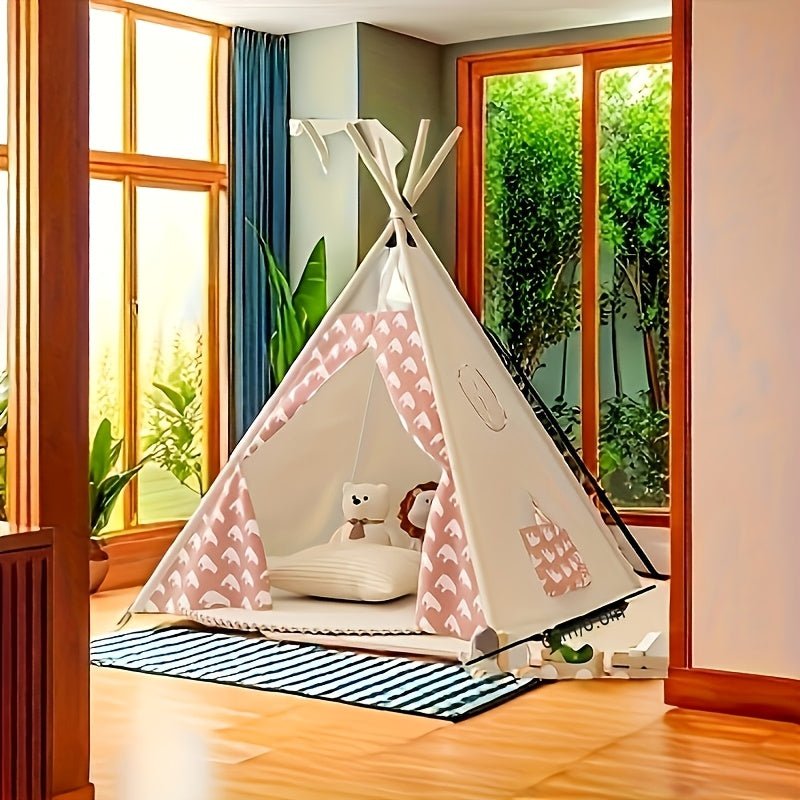 Children's Tipi Tent featuring adorable bear prints, made from soft fabric, perfect for indoor and outdoor play, supported by a sturdy wooden frame. 5