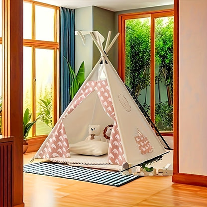 Children's Tipi Tent featuring adorable bear prints, made from soft fabric, perfect for indoor and outdoor play, supported by a sturdy wooden frame. 5
