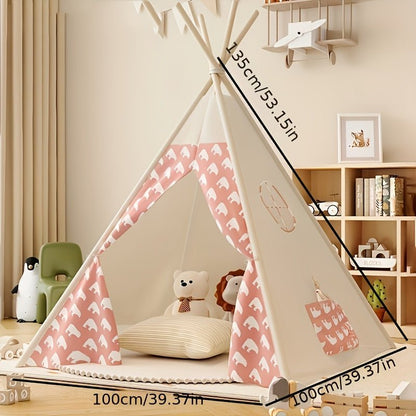 Children's Tipi Tent featuring adorable bear prints, made from soft fabric, perfect for indoor and outdoor play, supported by a sturdy wooden frame. 2