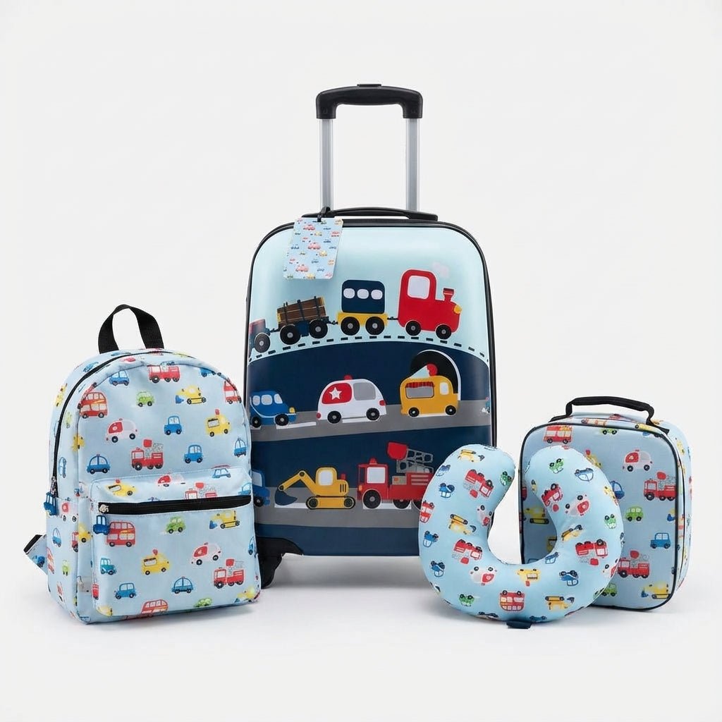Children's travel set featuring a hard-shell suitcase with a lightweight adjustable handle and 360-degree wheels, perfect for young travelers, includes fun accessories for a 2