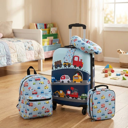 Children's travel set featuring a hard-shell suitcase with a lightweight adjustable handle and 360-degree wheels, perfect for young travelers, includes fun accessories for a 1