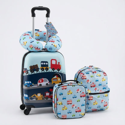 Children's travel set featuring a hard-shell suitcase with a lightweight adjustable handle and 360-degree wheels, perfect for young travelers, includes fun accessories for a 0