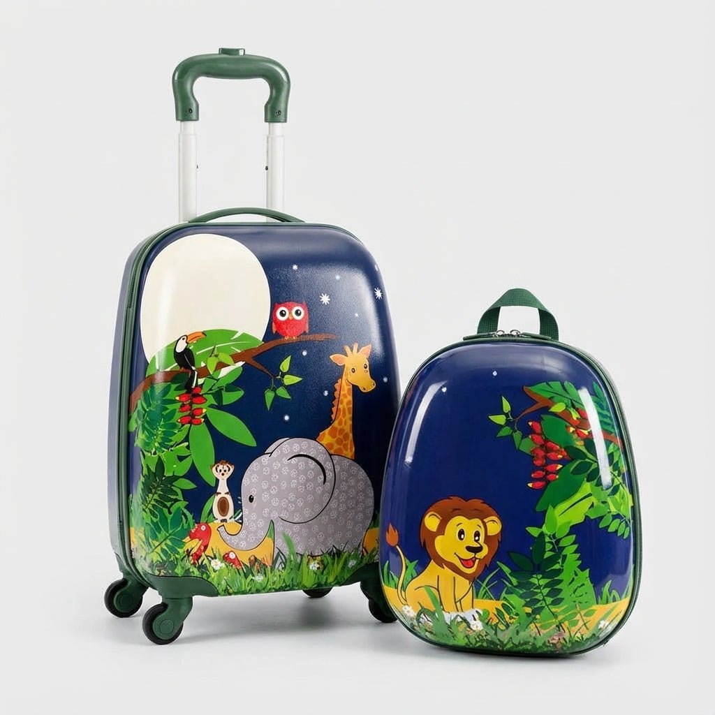 Children's travel set featuring a lightweight suitcase and matching backpack, made from durable ABS hard shell material, equipped with multi-directional wheels for easy maneuverability 2