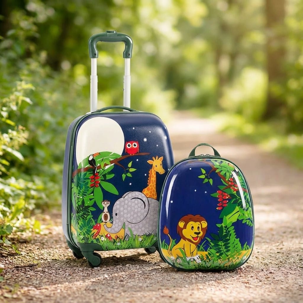 Children's travel set featuring a lightweight suitcase and matching backpack, made from durable ABS hard shell material, equipped with multi-directional wheels for easy maneuverability 1