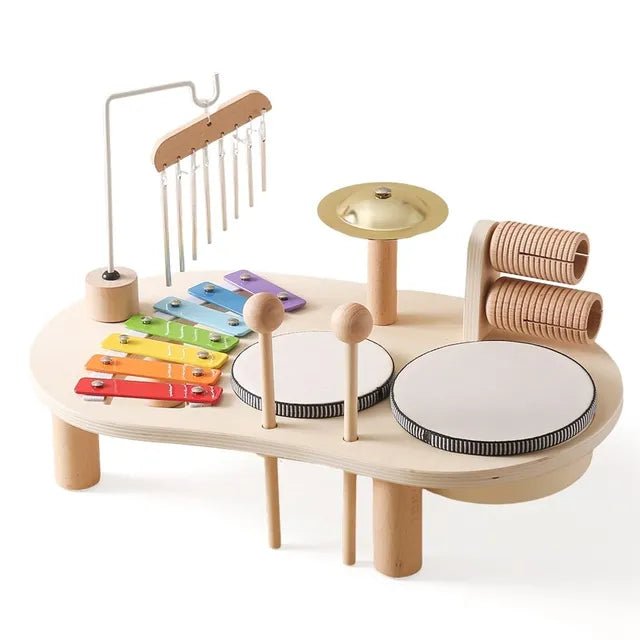 Children's wooden music set featuring a colorful xylophone and drums, designed for creative play, made from non-toxic materials for safe enjoyment. 0