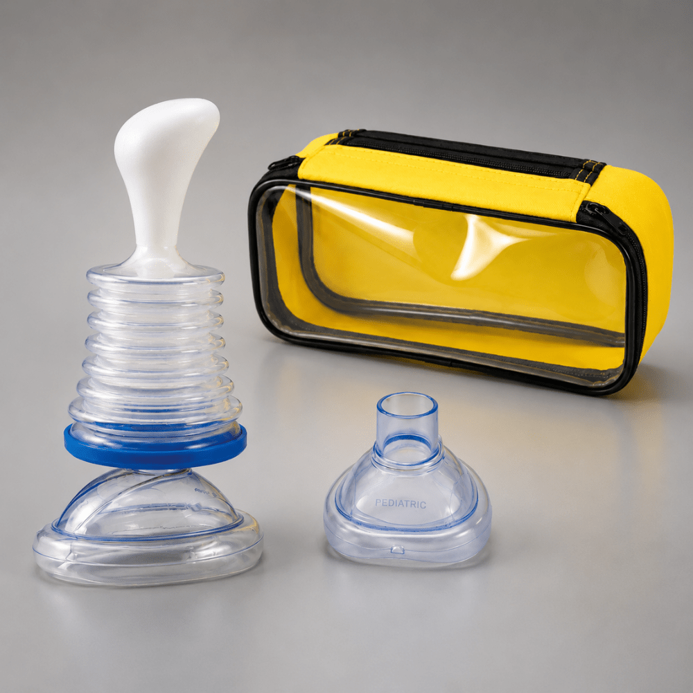 Choking Rescue Device with Manual Suction, portable first aid kit designed for home and travel emergencies, featuring compact design and easy-to-use suction mechanism. 7