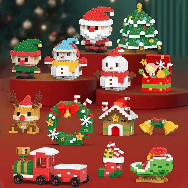 Christmas Building Block Set featuring festive motifs in vibrant red and green, containing 100-300 pieces for creating imaginative winter scenes, crafted from durable ABS plastic 6