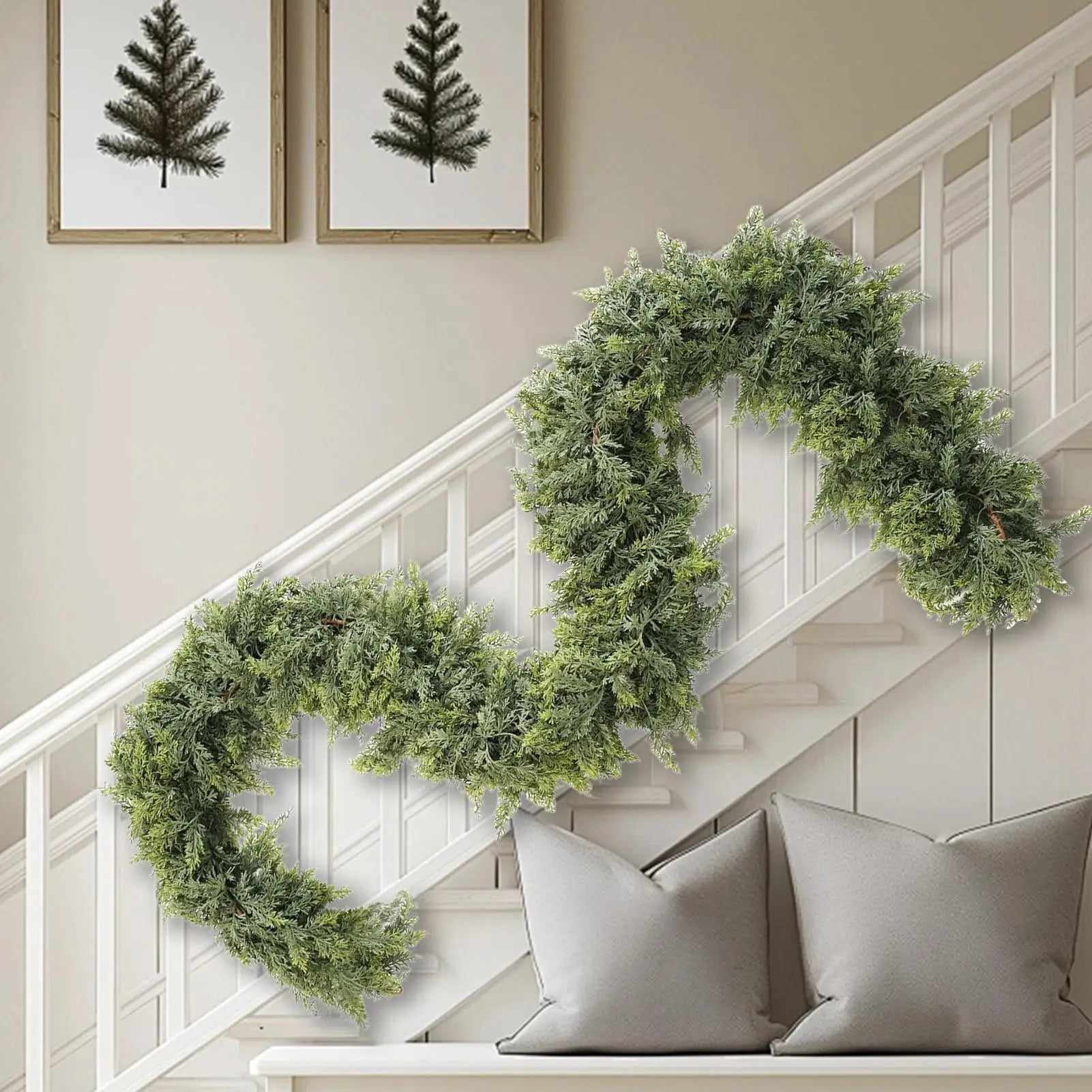 Christmas garland made of natural cypress branches, adorned with cotton accents, perfect for decorating fireplaces and windows during the winter season. 4