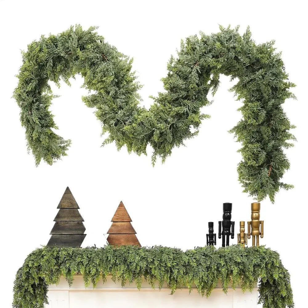 Christmas garland made of natural cypress branches, adorned with cotton accents, perfect for decorating fireplaces and windows during the winter season. 6