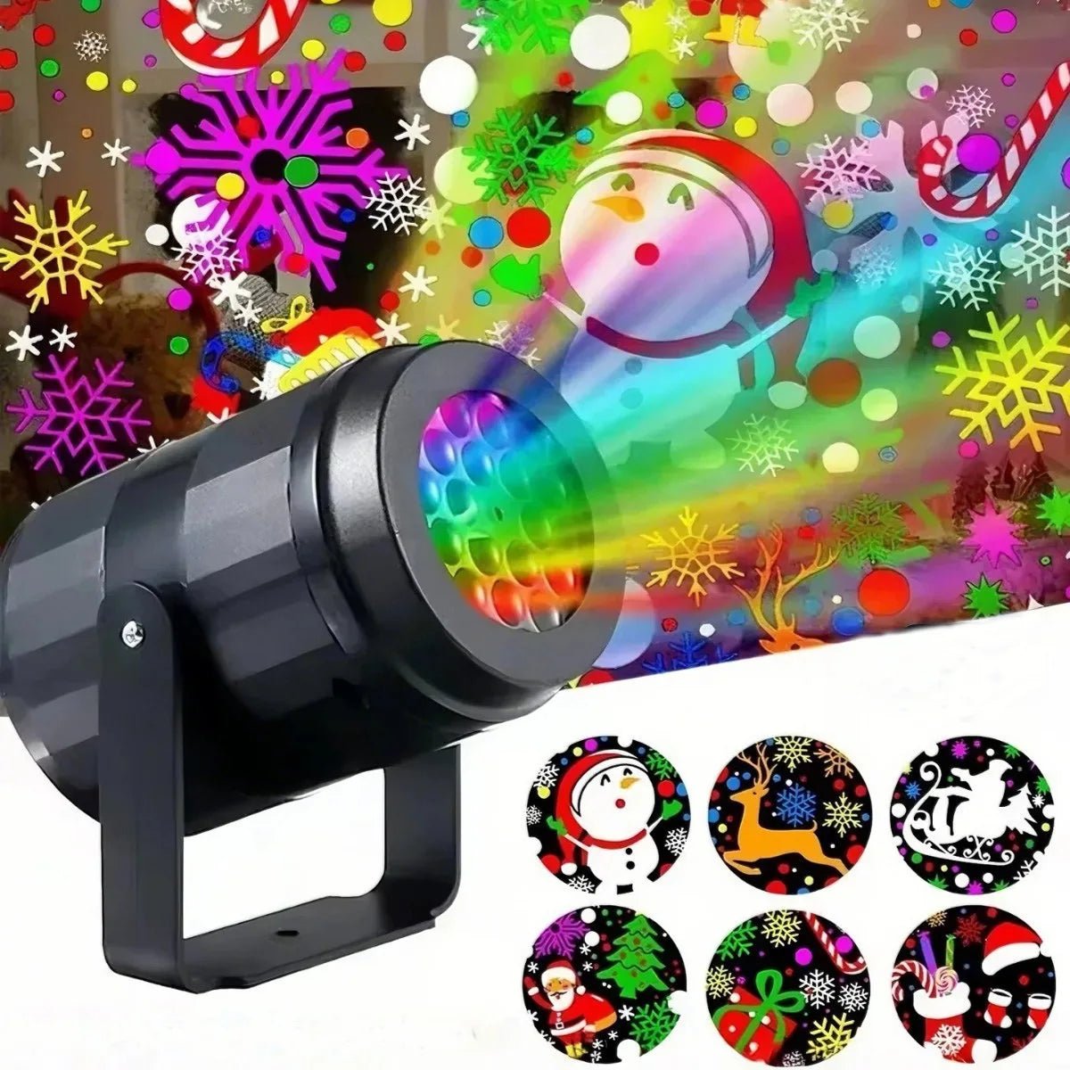 Christmas projector light featuring 16 festive patterns, designed for indoor and outdoor use, powered by USB for convenient holiday decorating. 0
