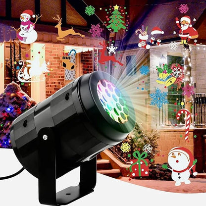 Christmas projector light featuring 16 festive patterns, designed for indoor and outdoor use, powered by USB for convenient holiday decorating. 2