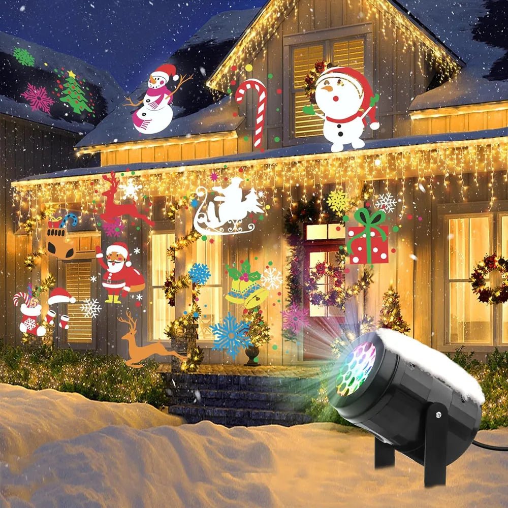 Christmas projector light featuring 16 festive patterns, designed for indoor and outdoor use, powered by USB for convenient holiday decorating. 3
