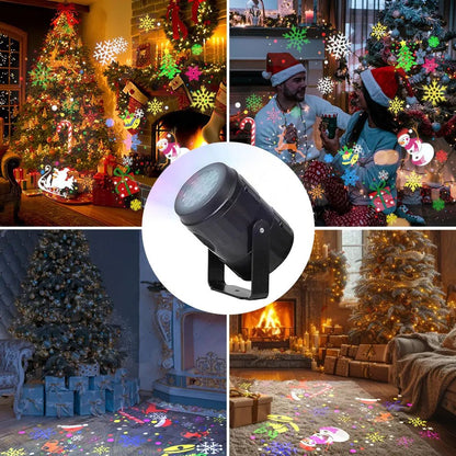 Christmas projector light featuring a rotating LED display with 16 festive patterns and snowflake projections, USB powered for easy setup. 4