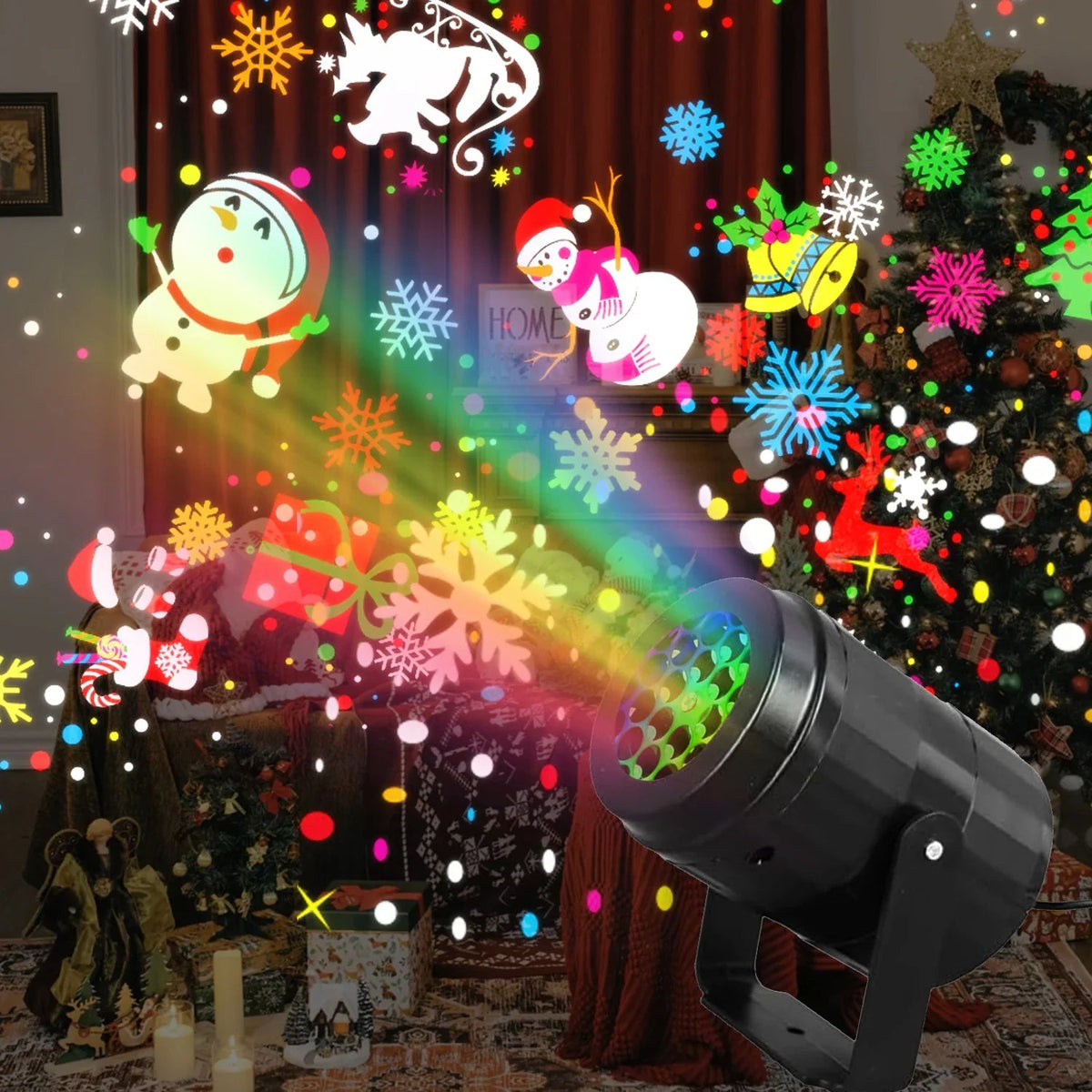 Christmas projector light featuring a rotating LED display with 16 festive patterns and snowflake projections, USB powered for easy setup. 3
