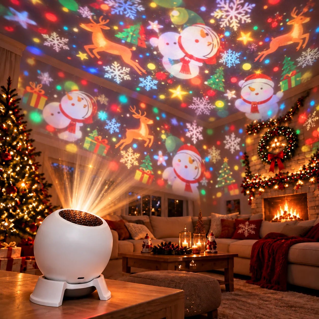 Christmas Projector Night Light featuring 360° adjustable patterns for festive indoor holiday decoration, showcasing vibrant multicolor designs. 0
