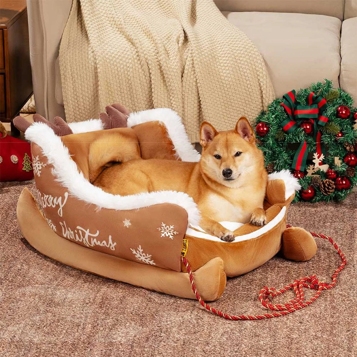 Christmas sleigh dog bed featuring plush velvet and faux fur, designed with a festive non-slip base for cozy winter comfort for your pet. 4
