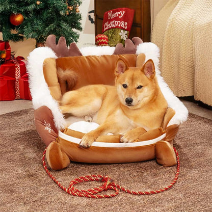 Christmas sleigh dog bed featuring plush velvet and faux fur, designed with a festive non-slip base for cozy winter comfort for your pet. 7