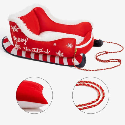 Christmas sleigh dog bed featuring plush velvet and faux fur, designed with a festive non-slip base for cozy winter comfort for your pet. 2