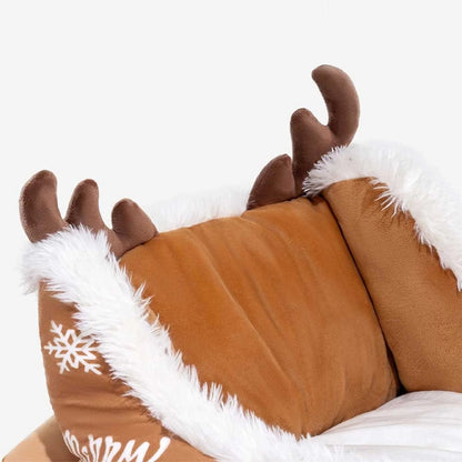 Christmas sleigh dog bed featuring plush velvet and faux fur, designed with a festive non-slip base for cozy winter comfort for your pet. 1