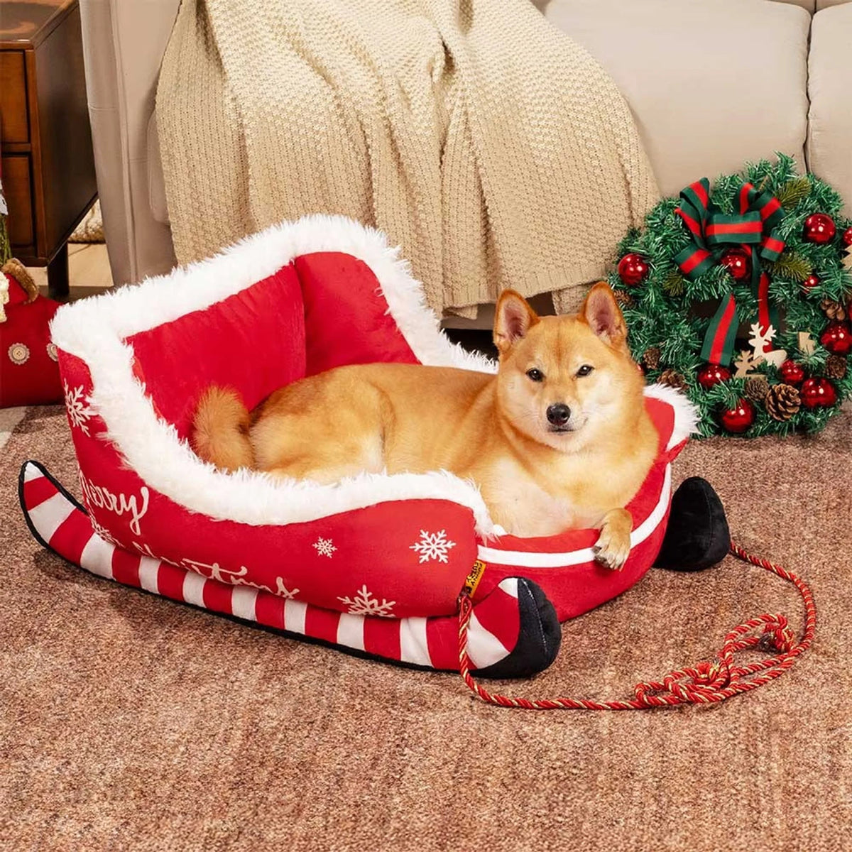 Christmas sleigh dog bed featuring plush velvet and faux fur, designed with a festive non-slip base for cozy winter comfort for your pet. 0
