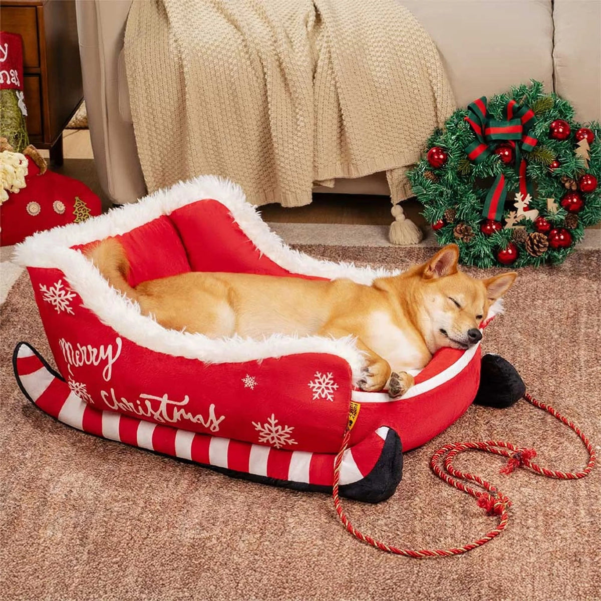 Christmas sleigh dog bed featuring plush velvet and faux fur, designed with a festive non-slip base for cozy winter comfort for your pet. 6