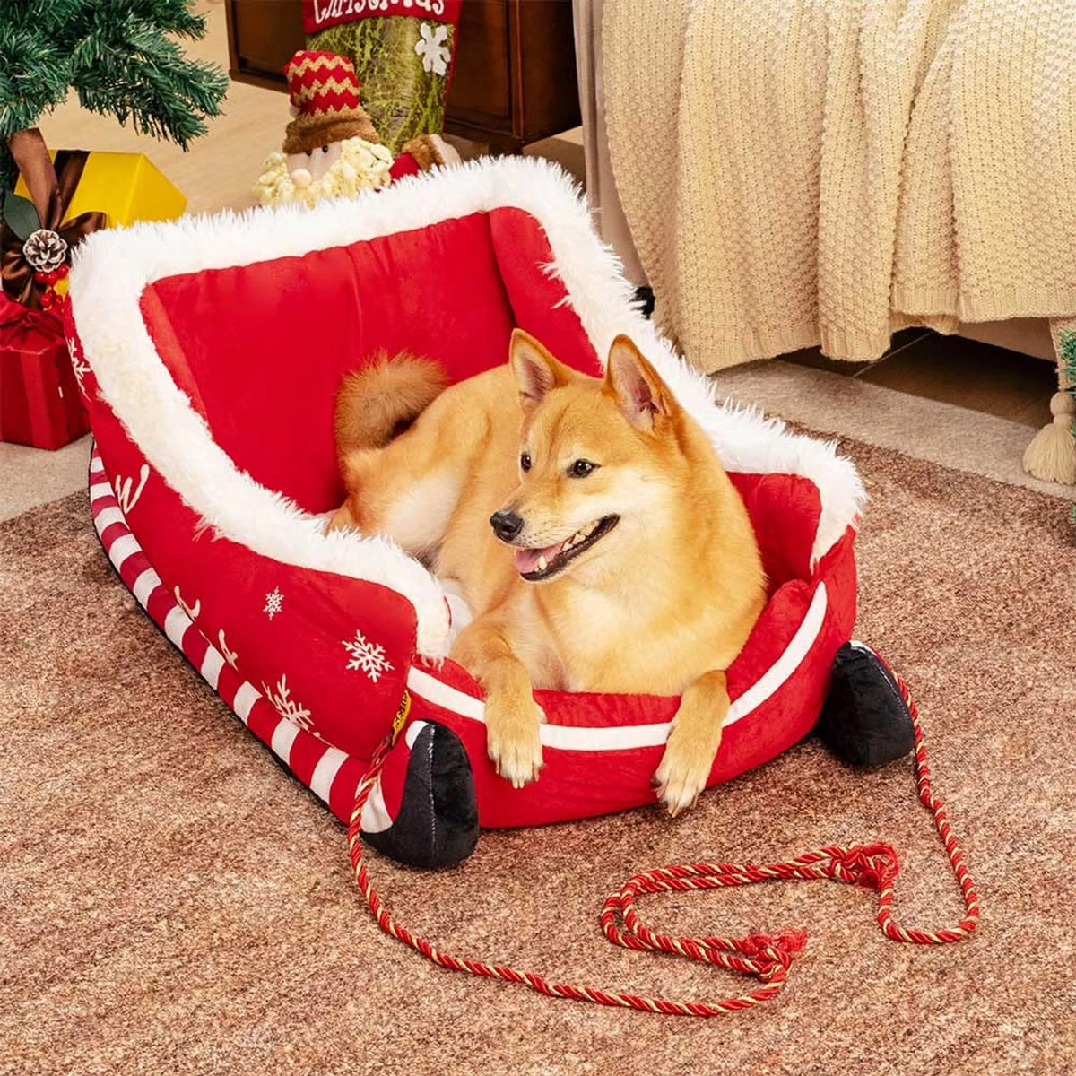 Christmas sleigh dog bed featuring plush velvet and faux fur, designed with a festive non-slip base for cozy winter comfort for your pet. 3
