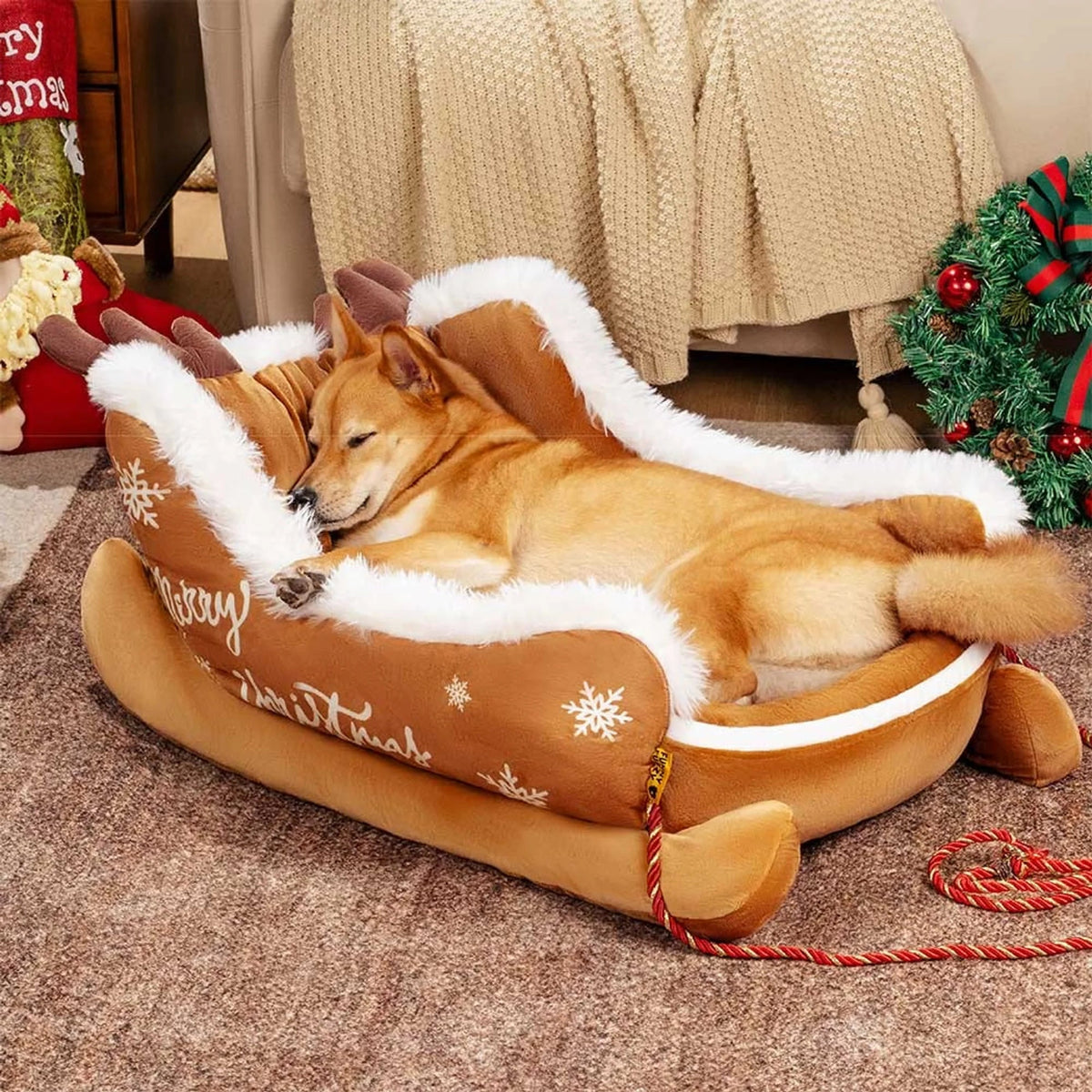 Christmas sleigh dog bed featuring plush velvet and faux fur, designed with a festive non-slip base for cozy winter comfort for your pet. 8