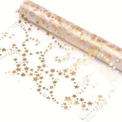 Christmas table runner featuring golden stars on a sheer organza overlay, perfect for elegant festive dining decor, measuring 274 cm (108 in). 4