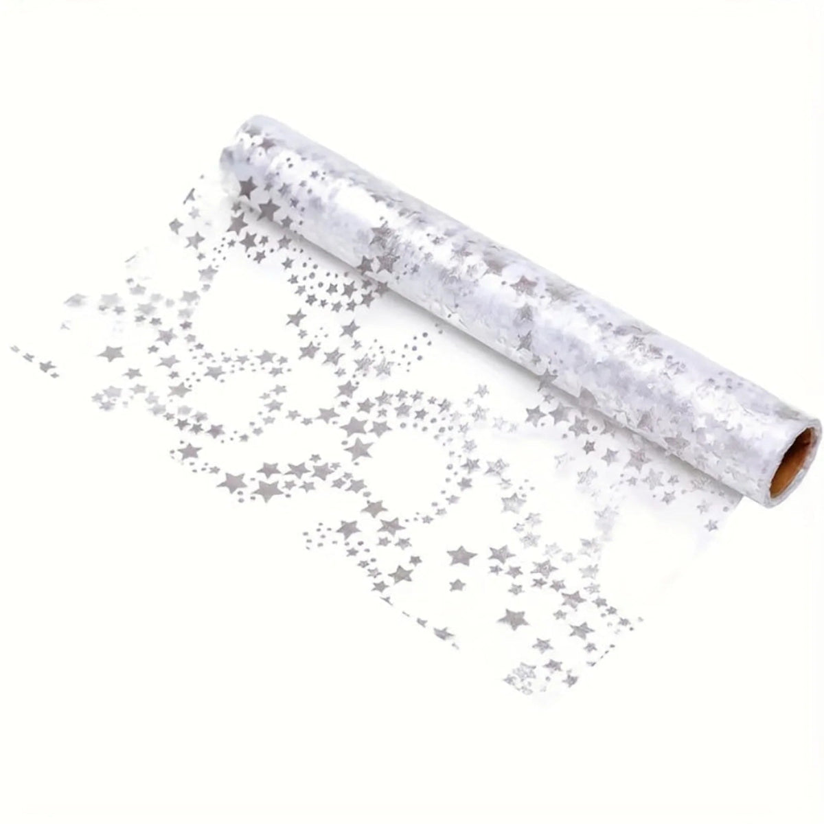 Christmas table runner featuring golden stars on a sheer organza overlay, perfect for elegant festive dining decor, measuring 274 cm (108 in). 6