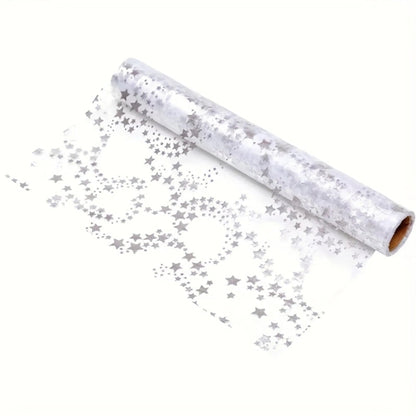 Christmas table runner featuring golden stars on a sheer organza overlay, perfect for elegant festive dining decor, measuring 274 cm (108 in). 6