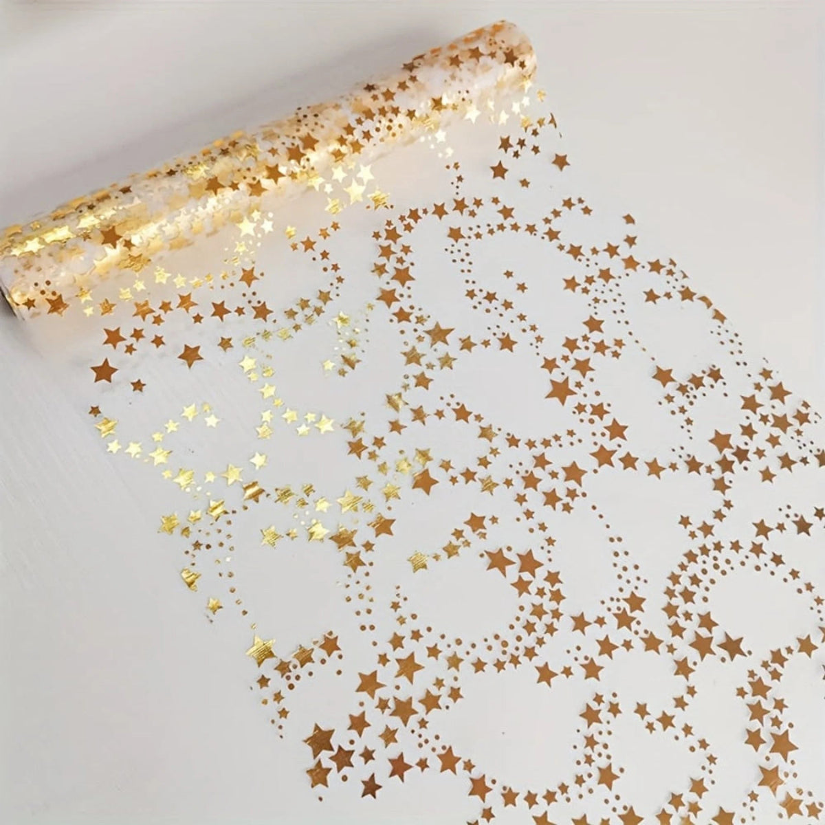 Christmas table runner featuring golden stars on a sheer organza overlay, perfect for elegant festive dining decor, measuring 274 cm (108 in). 3