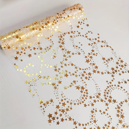 Christmas table runner featuring golden stars on a sheer organza overlay, perfect for elegant festive dining decor, measuring 274 cm (108 in). 3