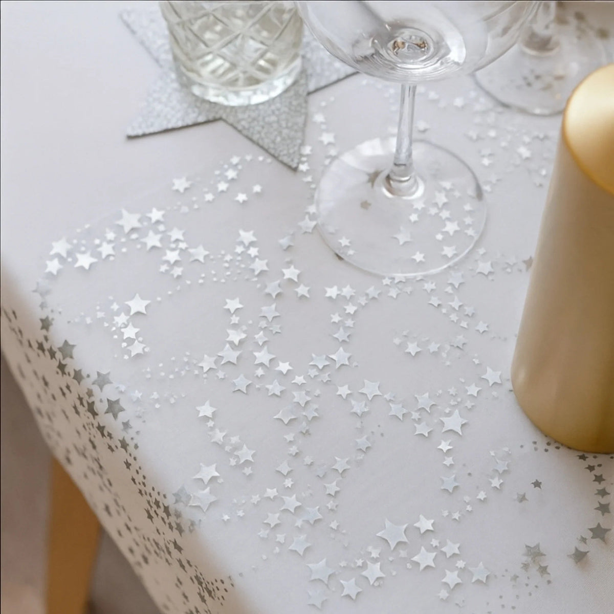 Christmas table runner featuring golden stars on a sheer organza overlay, perfect for elegant festive dining decor, measuring 274 cm (108 in). 5