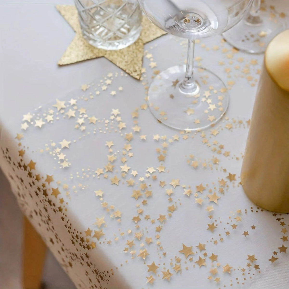 Christmas table runner featuring golden stars on a sheer organza overlay, perfect for elegant festive dining decor, measuring 274 cm (108 in). 0