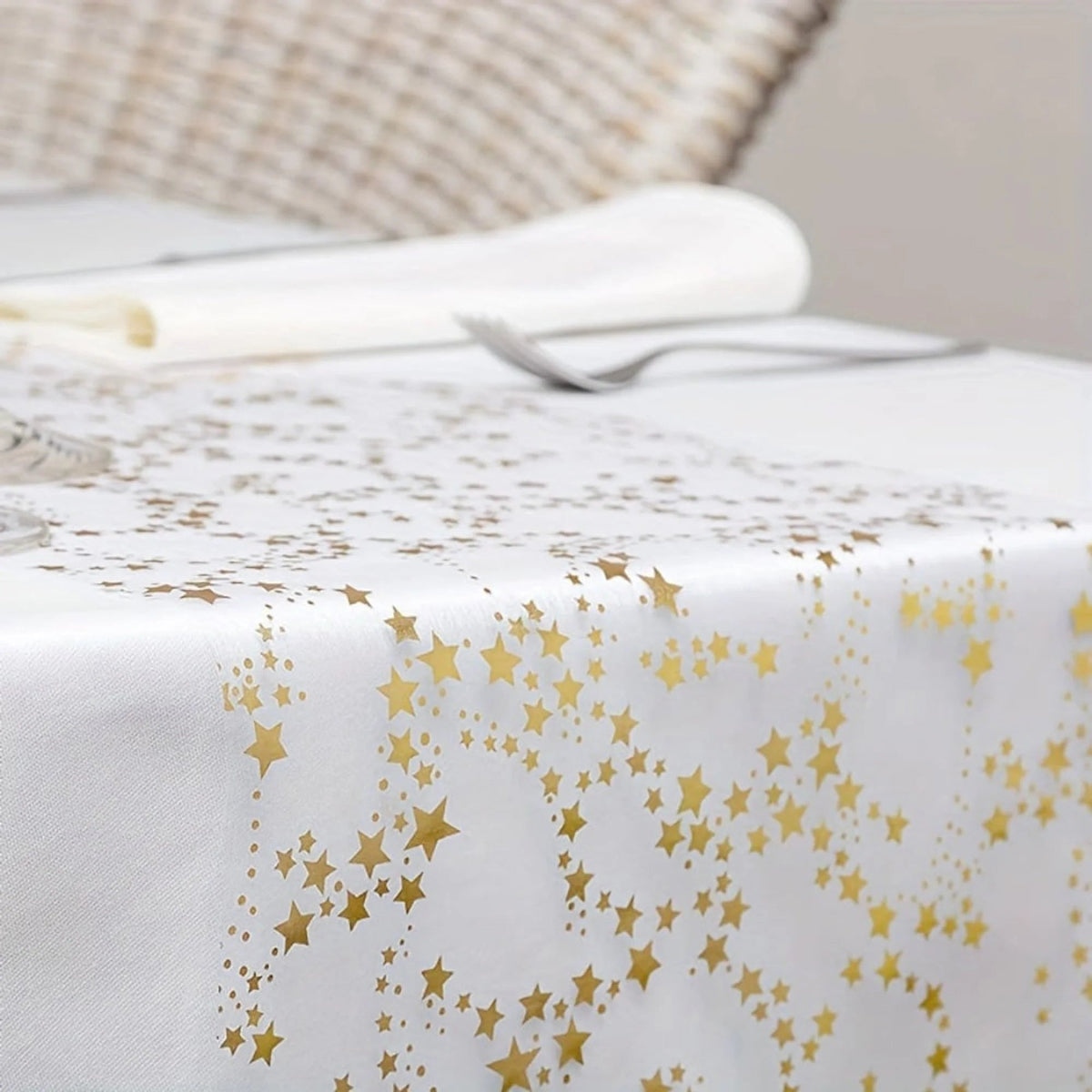 Christmas table runner featuring golden stars on a sheer organza overlay, perfect for elegant festive dining decor, measuring 274 cm (108 in). 2
