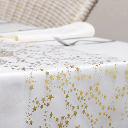 Christmas table runner featuring golden stars on a sheer organza overlay, perfect for elegant festive dining decor, measuring 274 cm (108 in). 2