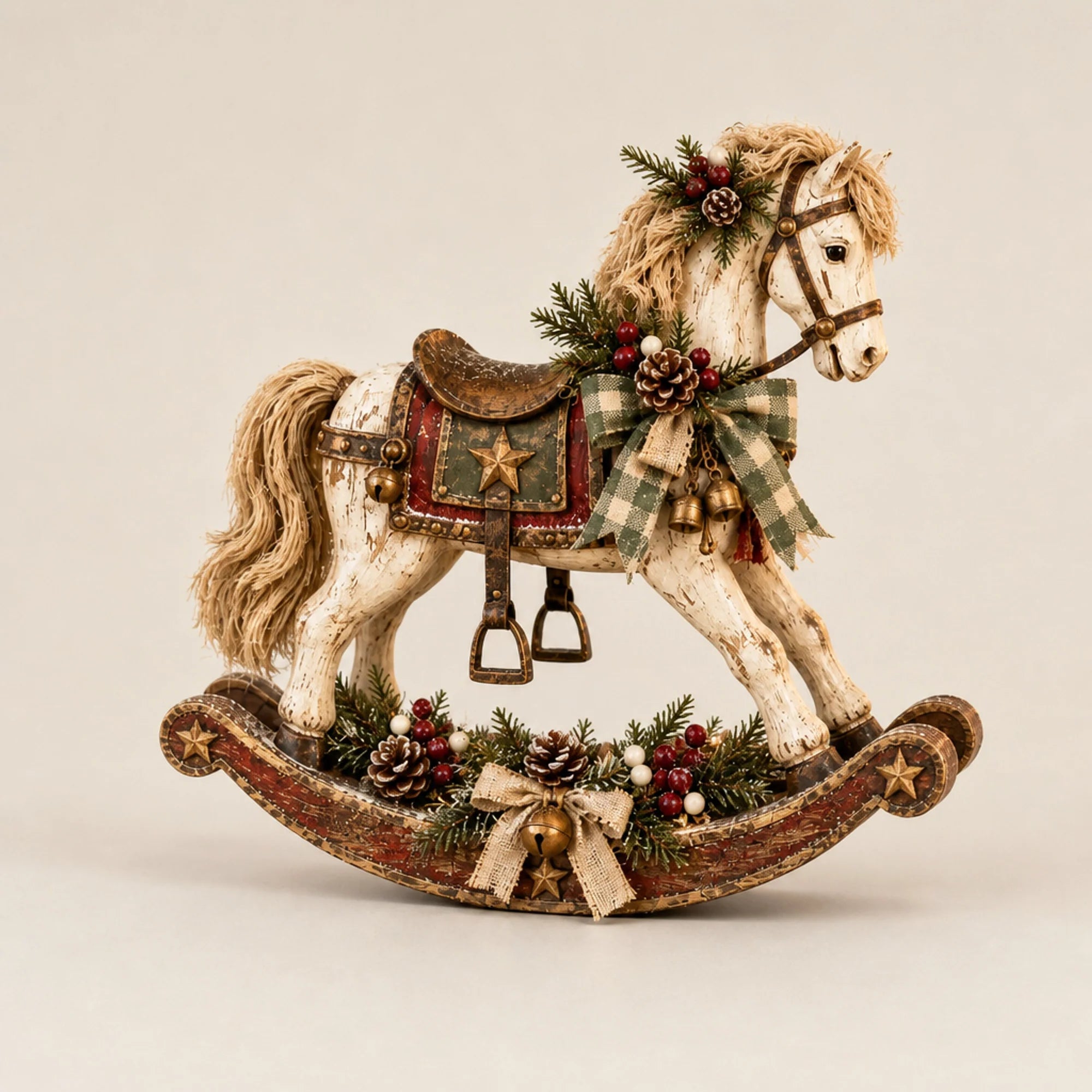 Christmas tabletop rocking horse decoration featuring a hand-distressed whitewash finish and a festive plaid bow, measuring 46cm, perfect as a rustic holiday accent 0