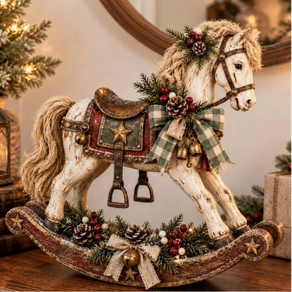 Christmas tabletop rocking horse decoration featuring a hand-distressed whitewash finish and a festive plaid bow, measuring 46cm, perfect as a rustic holiday accent 2