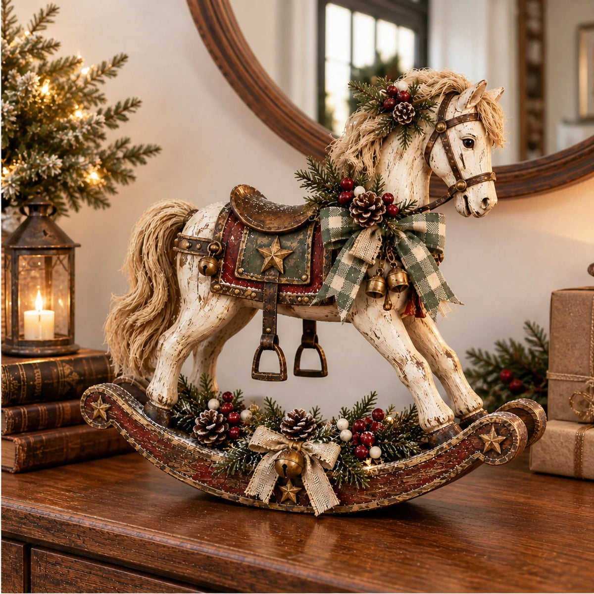 Christmas tabletop rocking horse decoration featuring a hand-distressed whitewash finish and a festive plaid bow, measuring 46cm, perfect as a rustic holiday accent 3