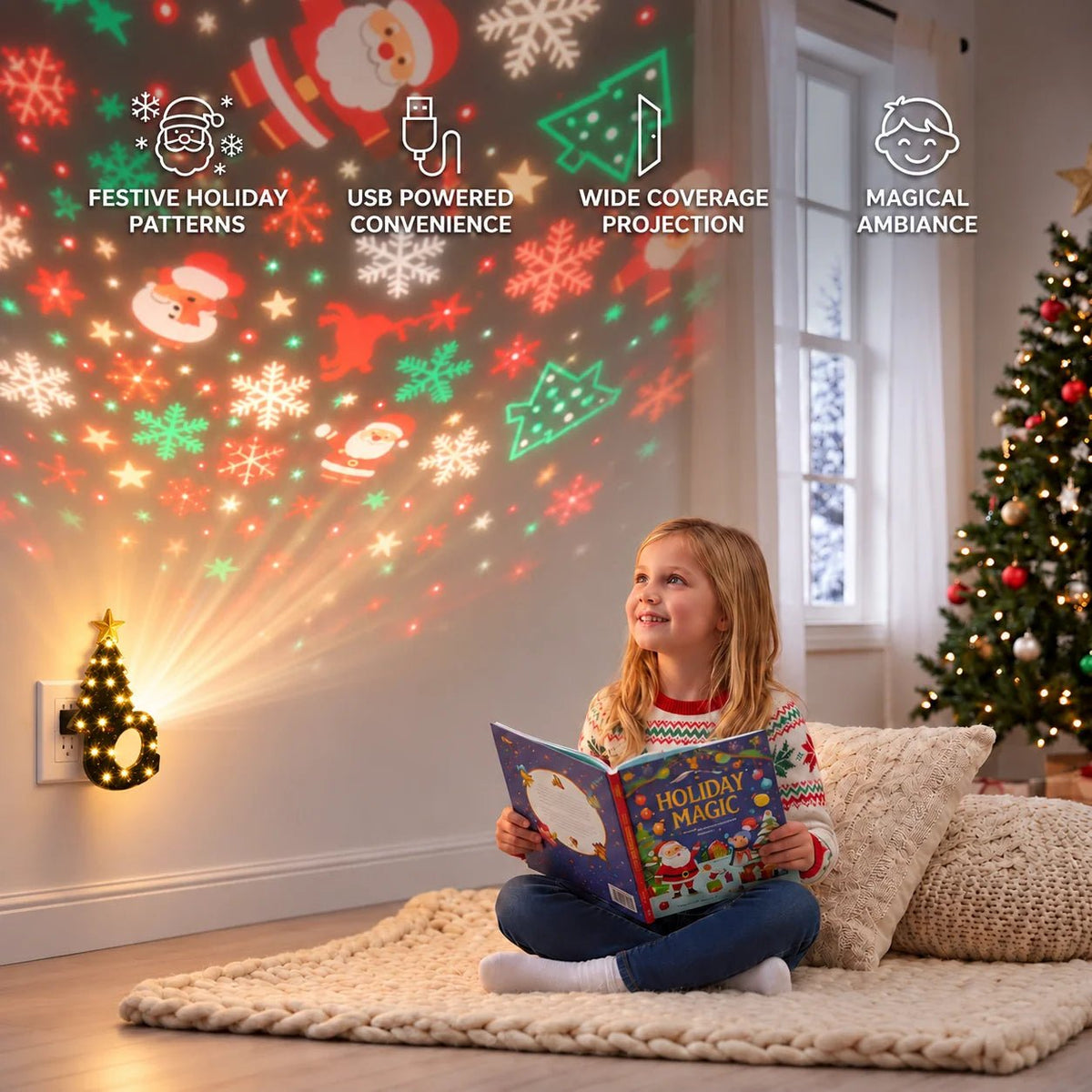 Christmas Tree Projector Lamp showcasing a vibrant festive light display, perfect for indoor holiday decor, powered by USB for easy use. 1